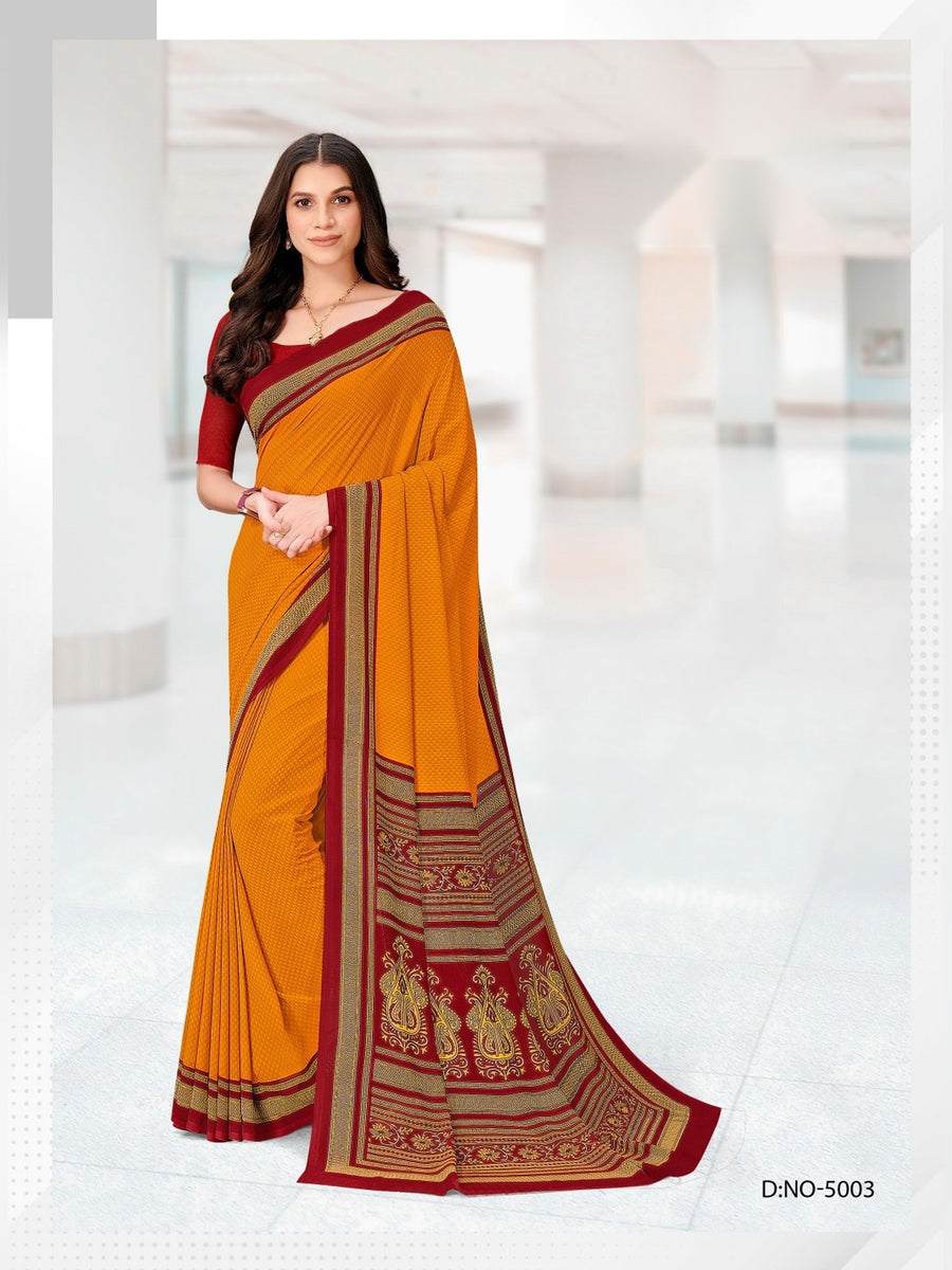 Women's Kia Crepe Uniform Saree – Mustard & Maroon - Front