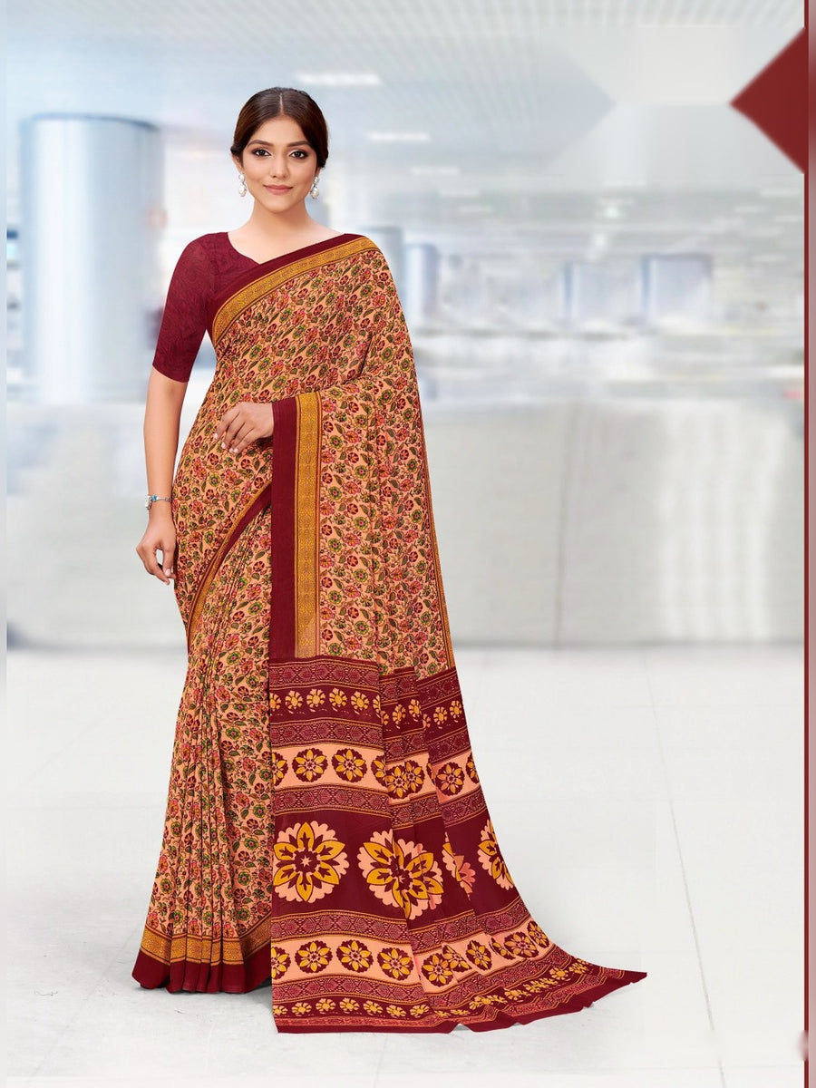 Women's Kia Crepe Uniform Saree – Mustard & Maroon Floral - Front