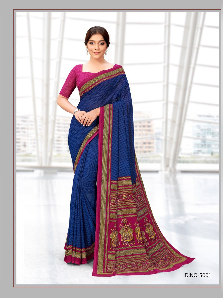 Women's Kia Crepe Uniform Saree – Navy Blue & Maroon - Front
