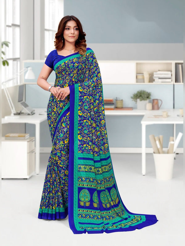 Kia Crepe uniform saree Navy Floral Teal D.No 5011