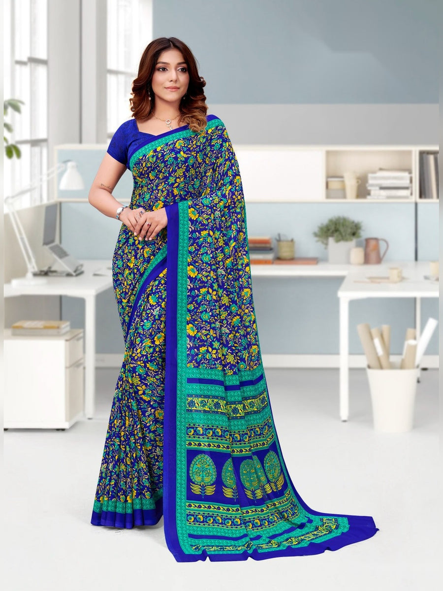 Women's Kia Crepe Uniform Saree – Navy Floral & Teal - Front