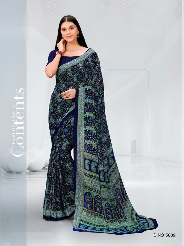 Kia Crepe uniform saree Navy Grey Print D.No 5009