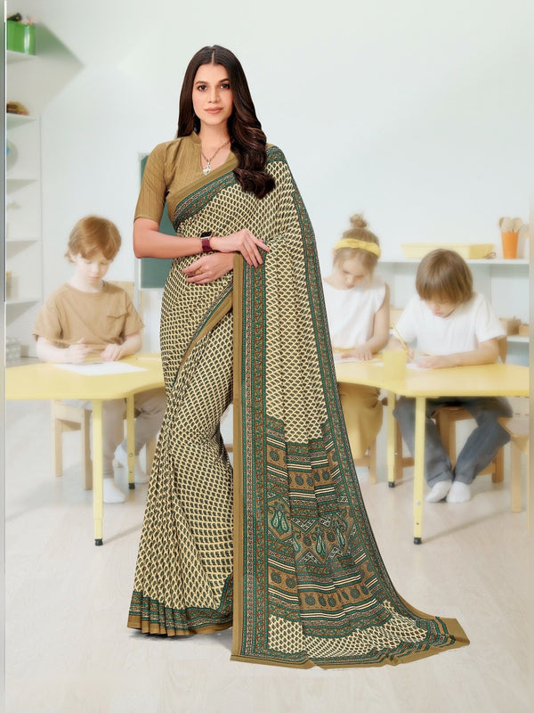 Kia Crepe uniform saree Olive Beige Green D.No 5018