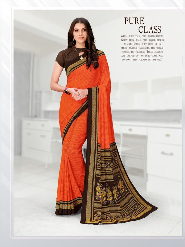 Kia Crepe uniform saree Orange Brown D.No 5005