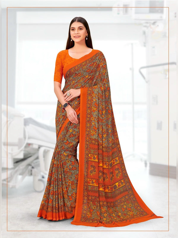 Kia Crepe uniform saree Orange Brown Floral D.No 5016
