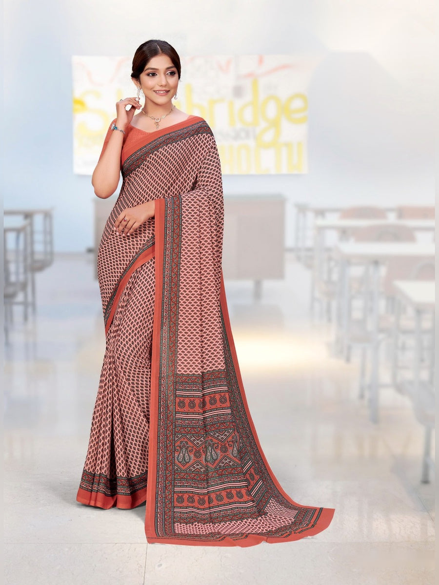 Women's Kia Crepe Uniform Saree – Peach & Grey Check - Front