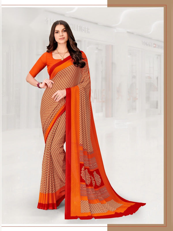 Kia Crepe uniform saree Peach Orange D.No 5026