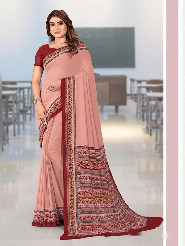 Kia Crepe uniform saree Peach Pink Maroon D.No 5031