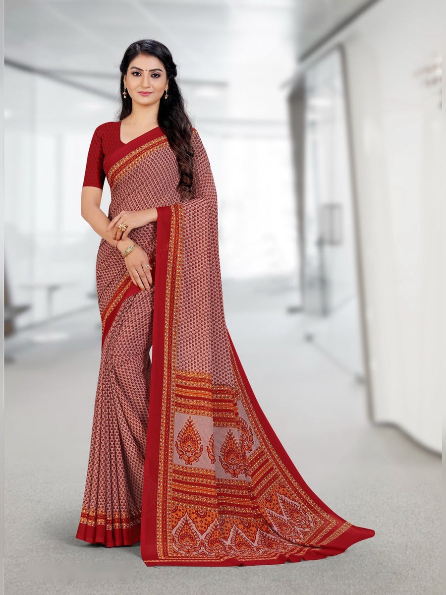 Women's Kia Crepe Uniform Saree – Peach & Red - Front