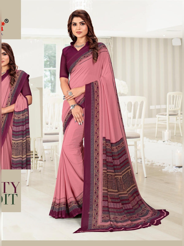Kia Crepe uniform saree Pink Wine D.No 5040