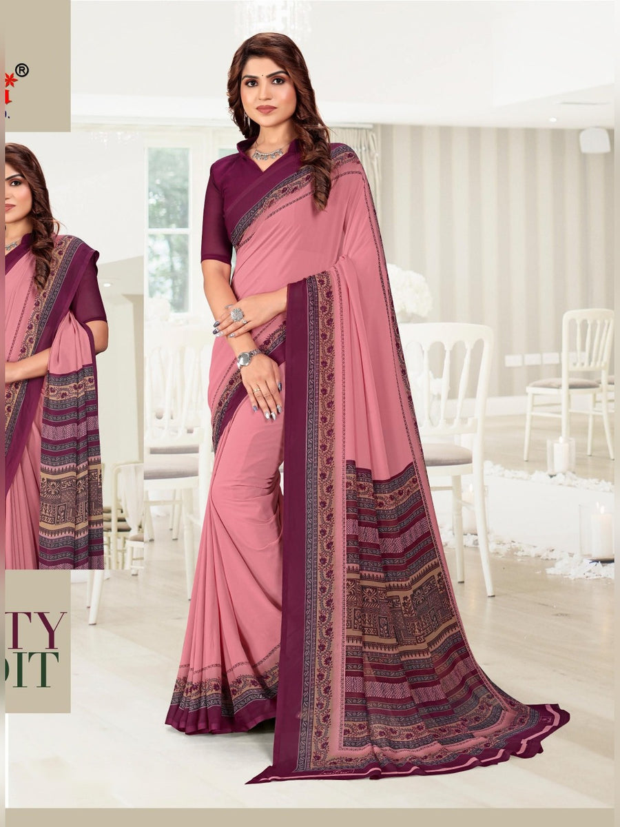 Women's Kia Crepe Uniform Saree – Pink & Wine - Front