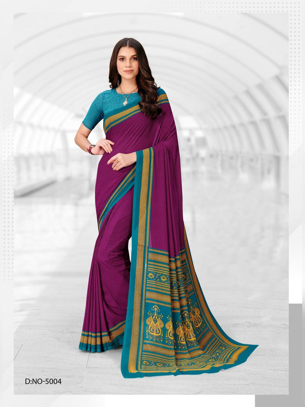 Kia Crepe uniform saree Purple Teal D.No 5004