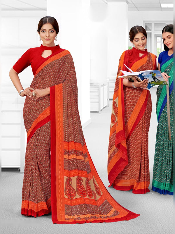 Kia Crepe uniform saree Rust Orange D.No 5013