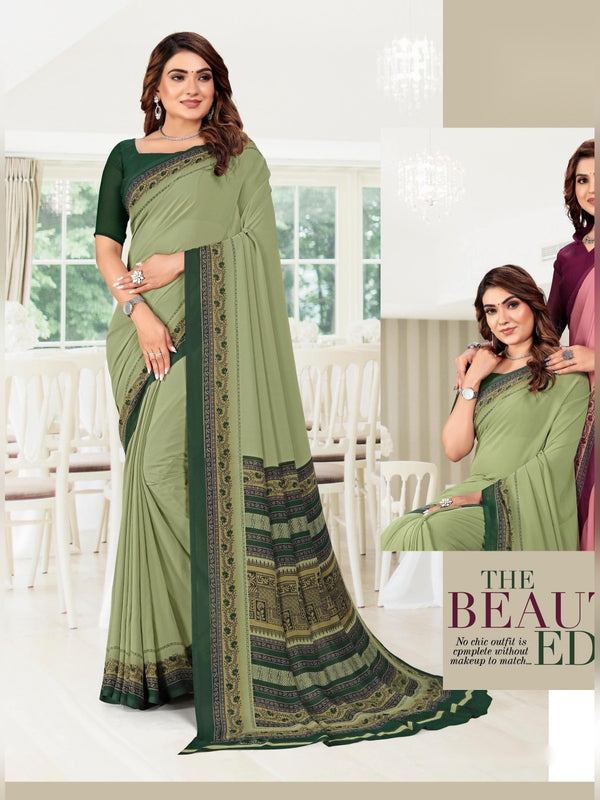 Kia Crepe uniform saree Sage Green Bottle Green D.No 5039