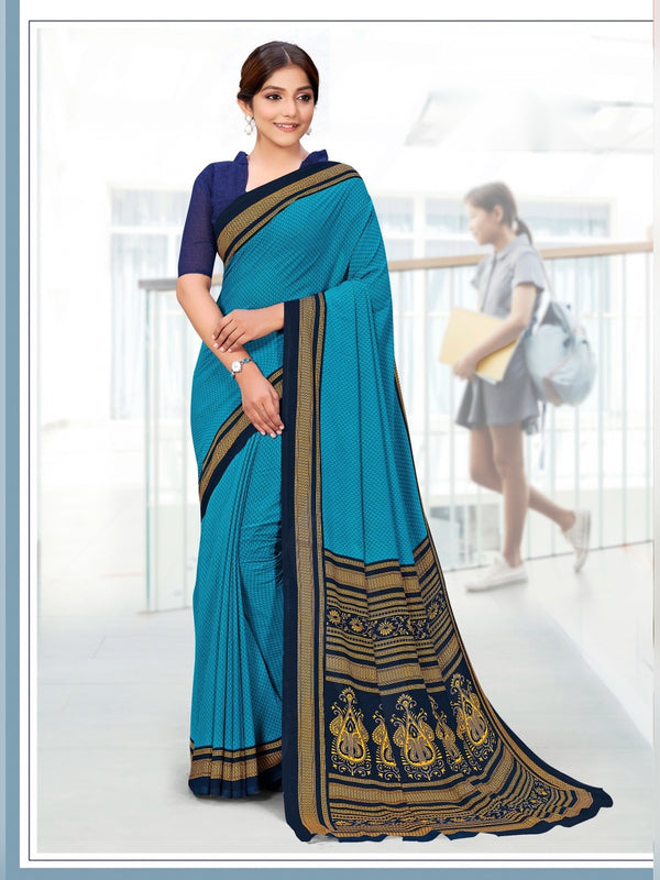 Kia Crepe uniform saree Sky Blue Navy D.No 5007