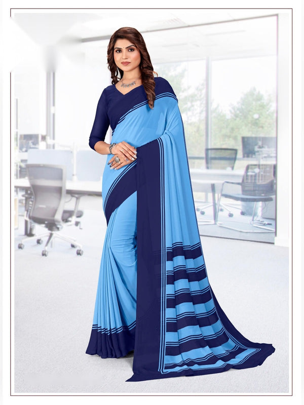 Kia Crepe uniform saree Sky Blue Navy D.No 5036