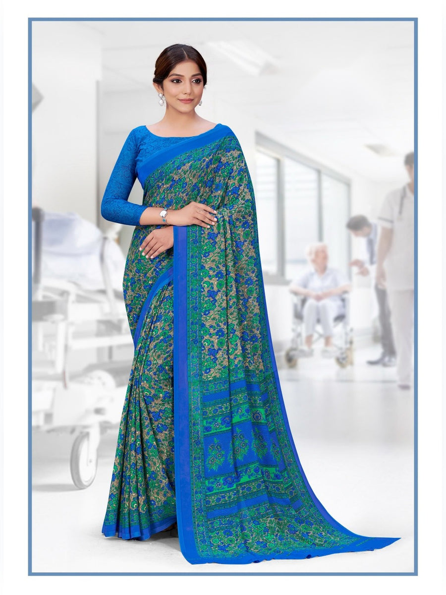 Women's Kia Crepe Uniform Saree – Teal & Royal Blue Floral - Front