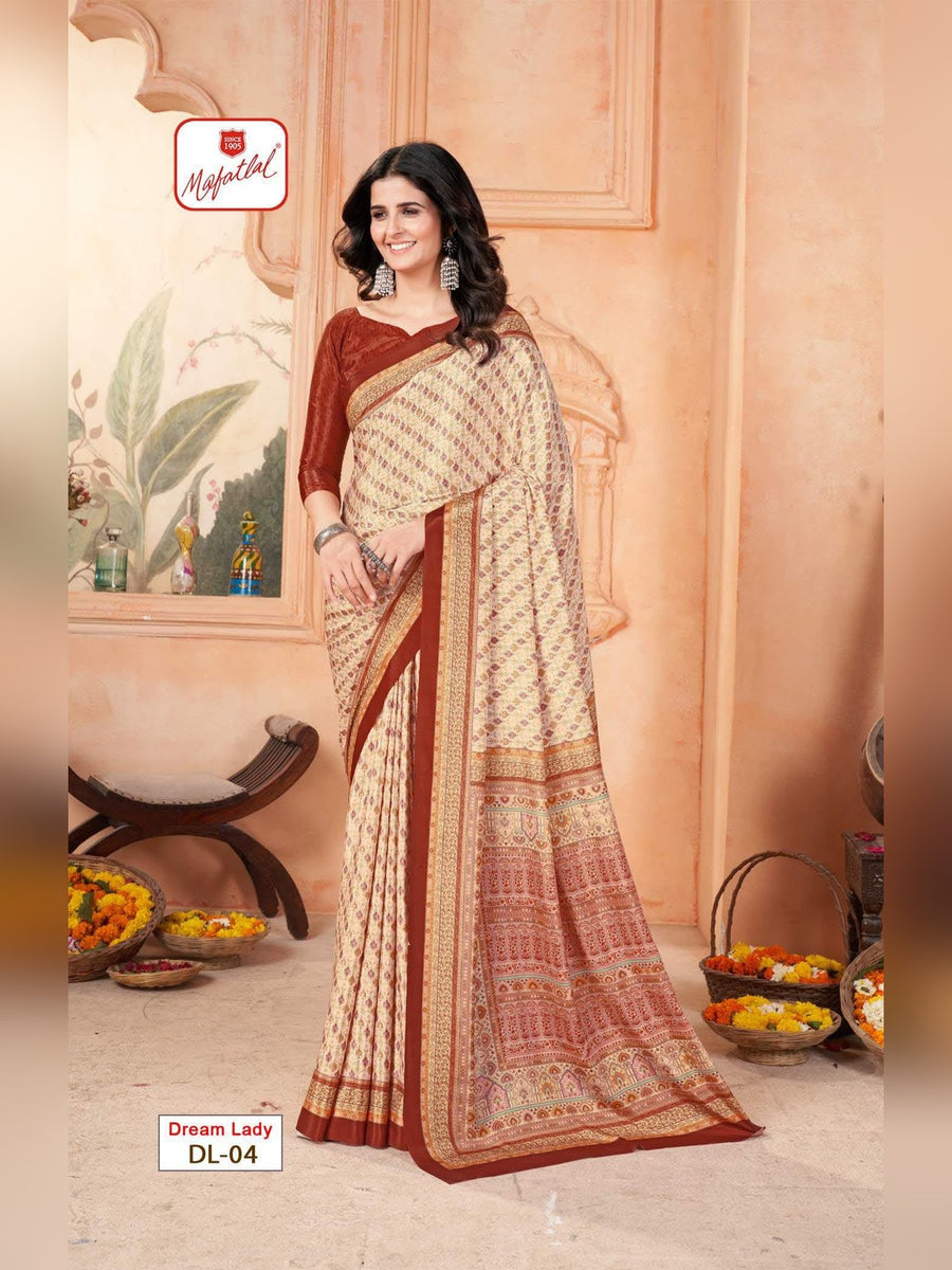 Mafatlal Dream Lady Uniform Saree – Cream & Maroon (DL-04) - Front