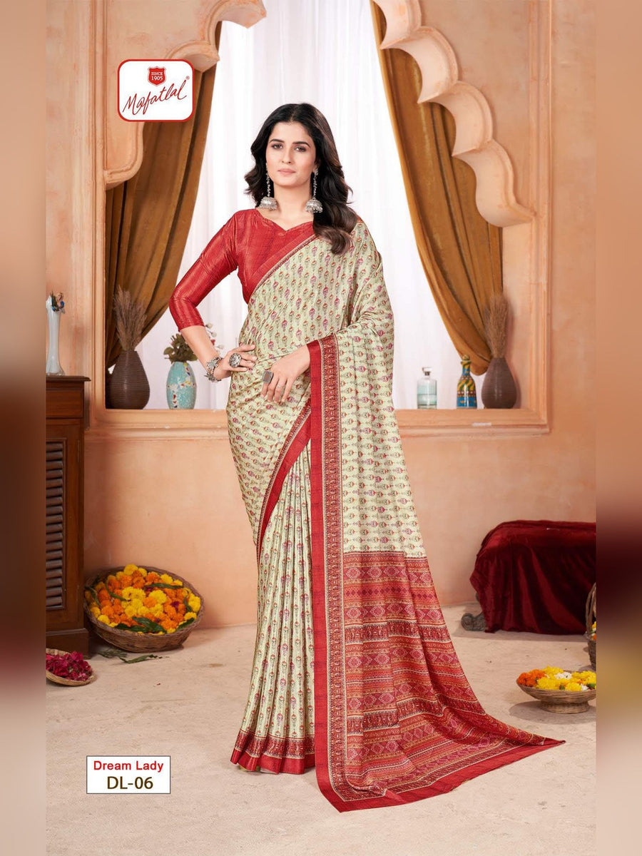 Mafatlal Dream Lady Uniform Saree – Cream & Red (DL-06) - Front