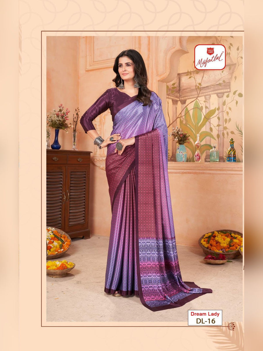 Mafatlal Dream Lady Uniform Saree – Lavender & Wine (DL-16) - Front