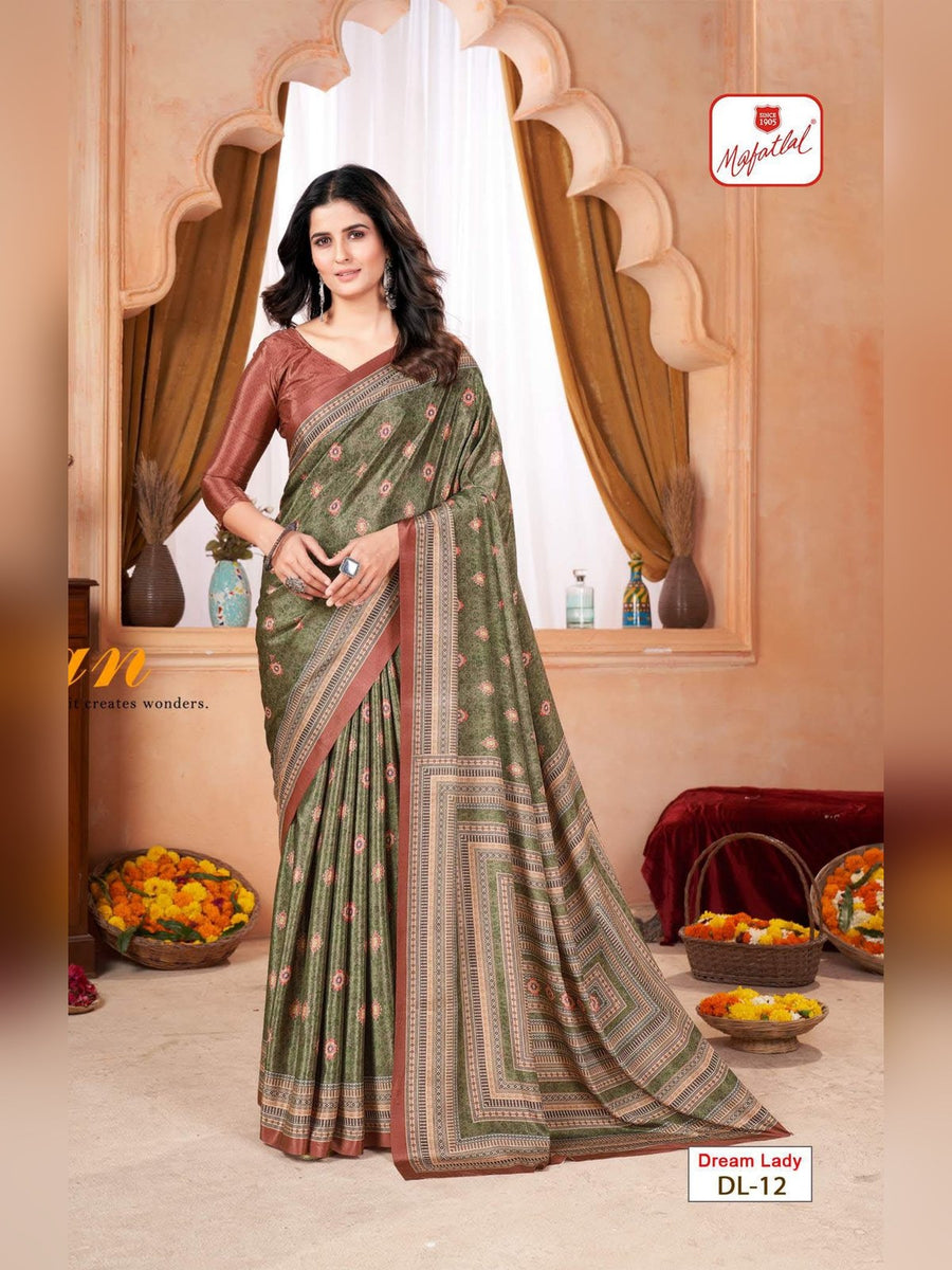Mafatlal Dream Lady Uniform Saree – Olive Green & Brown (DL-12) - Front