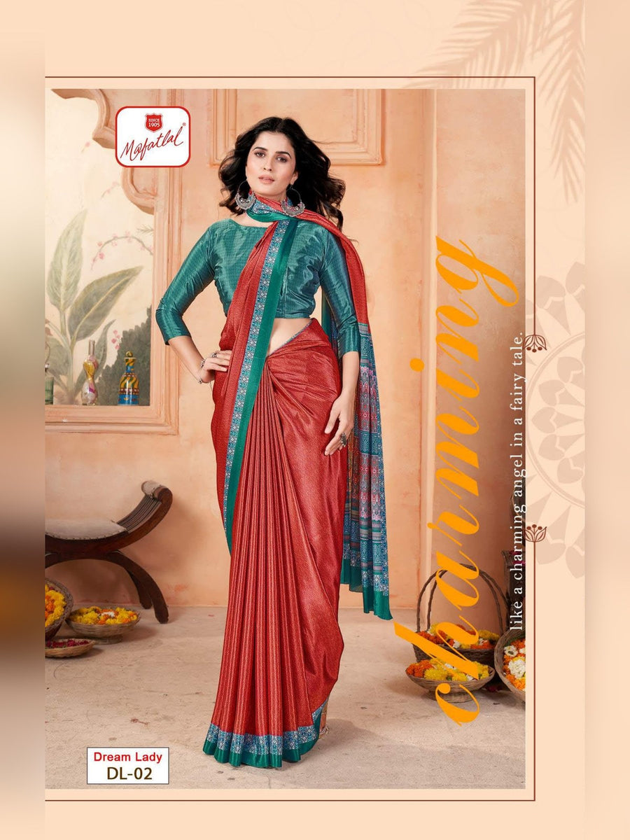 Mafatlal Dream Lady Uniform Saree – Red & Teal (DL-02) - Front