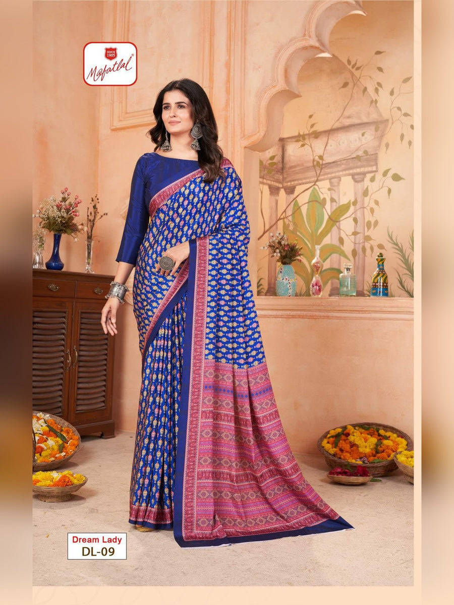 Mafatlal Dream Lady Uniform Saree – Royal Blue & Pink (DL-09) - Front
