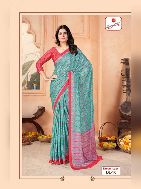 Mafatlal Dream Lady Uniform Saree - Turquoise & Coral Red (DL-10)