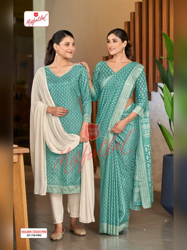 Mafatlal Golden Touch Pro Uniform Saree & Suit – Aqua Green & Cream (GT PRO-728)