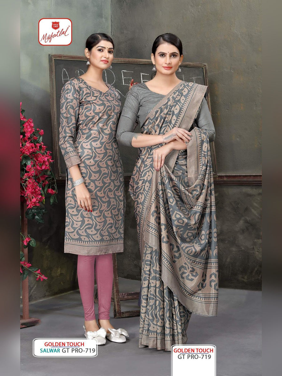 Mafatlal Golden Touch Pro Uniform Saree & Suit – Grey & Mauve Paisley (GT PRO-719) - Front