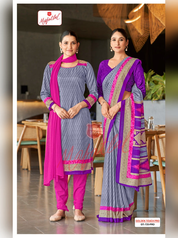 Mafatlal Golden Touch Pro Uniform Saree & Suit – Grey & Rani Pink (GT PRO-725)