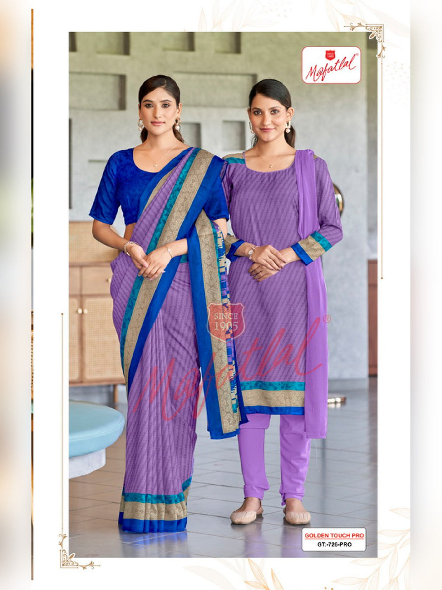 Mafatlal Golden Touch Pro Uniform Saree & Suit – Lavender & Royal Blue (GT PRO-726) - Front