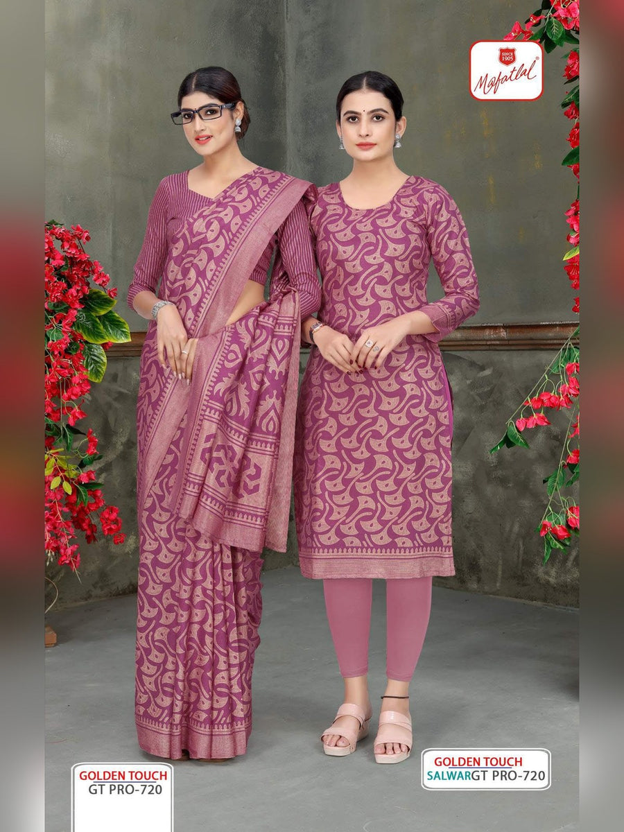 Mafatlal Golden Touch Pro Uniform Saree & Suit – Magenta Pink Paisley (GT PRO-720) - Front