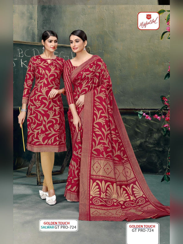Mafatlal Golden Touch Pro Uniform Saree & Suit - Maroon & Beige (GT PRO-724)