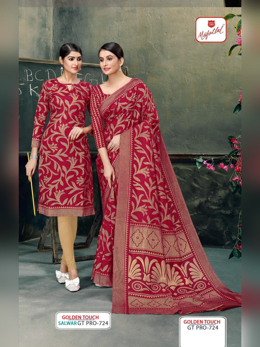 Mafatlal Golden Touch Pro Uniform Saree & Suit – Maroon & Beige (GT PRO-724) - Front