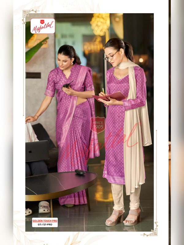 Mafatlal Golden Touch Pro Uniform Saree & Suit – Orchid Purple & Cream (GT PRO-727)