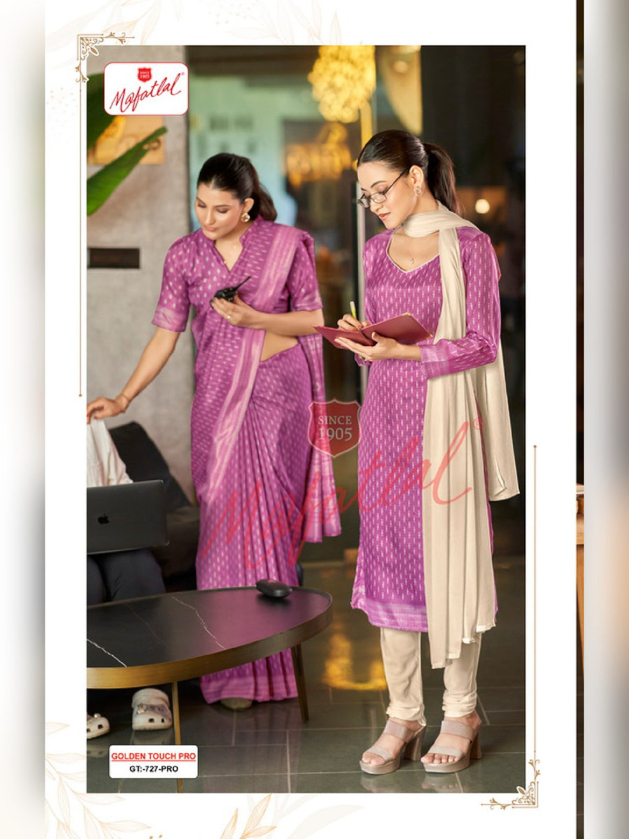 Mafatlal Golden Touch Pro Uniform Saree & Suit – Orchid Purple & Cream (GT PRO-727) - Front