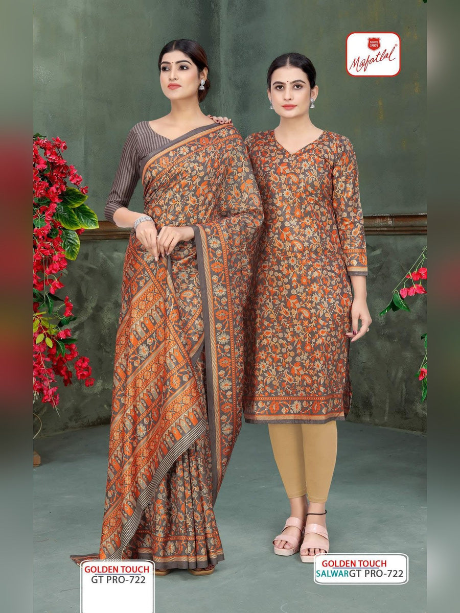 Mafatlal Golden Touch Pro Uniform Saree & Suit – Rust Orange Floral (GT PRO-722) - Front