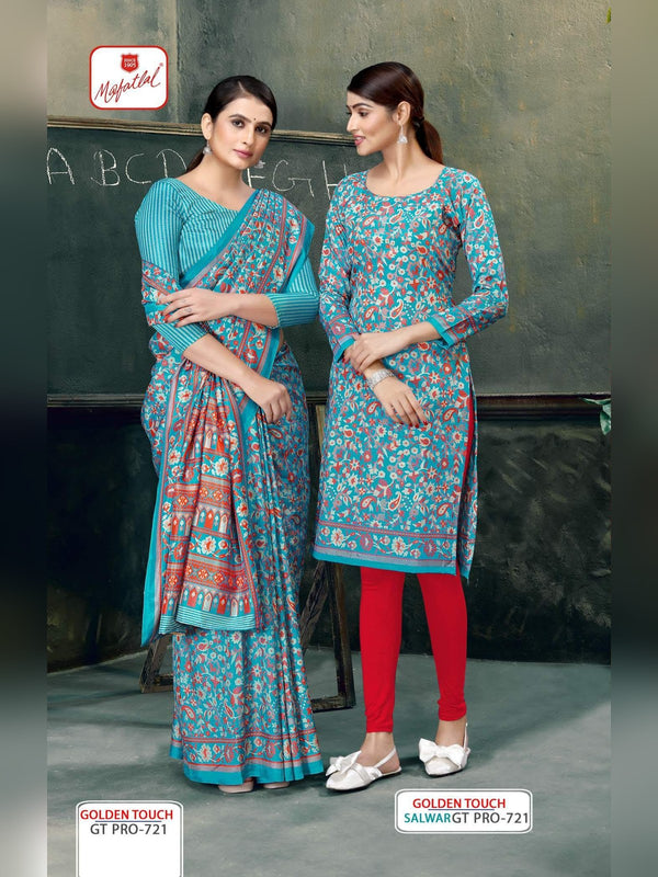 Mafatlal Golden Touch Pro Uniform Saree & Suit - Sky Blue Floral & Red (GT PRO-721)