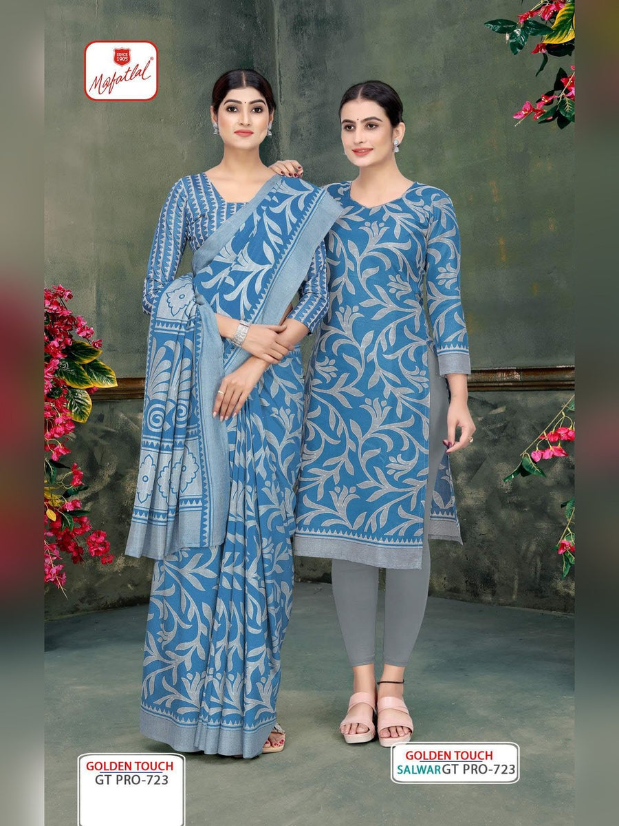Mafatlal Golden Touch Pro Uniform Saree & Suit – Steel Blue Leaf Print (GT PRO-723) - Front