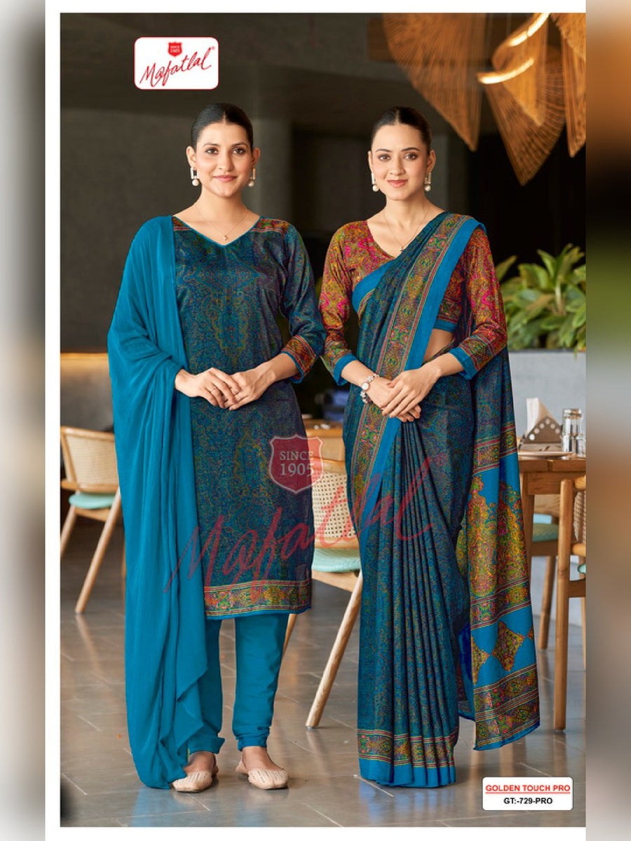 Mafatlal Golden Touch Pro Uniform Saree & Suit – Teal Blue Paisley (GT PRO-729) - Front