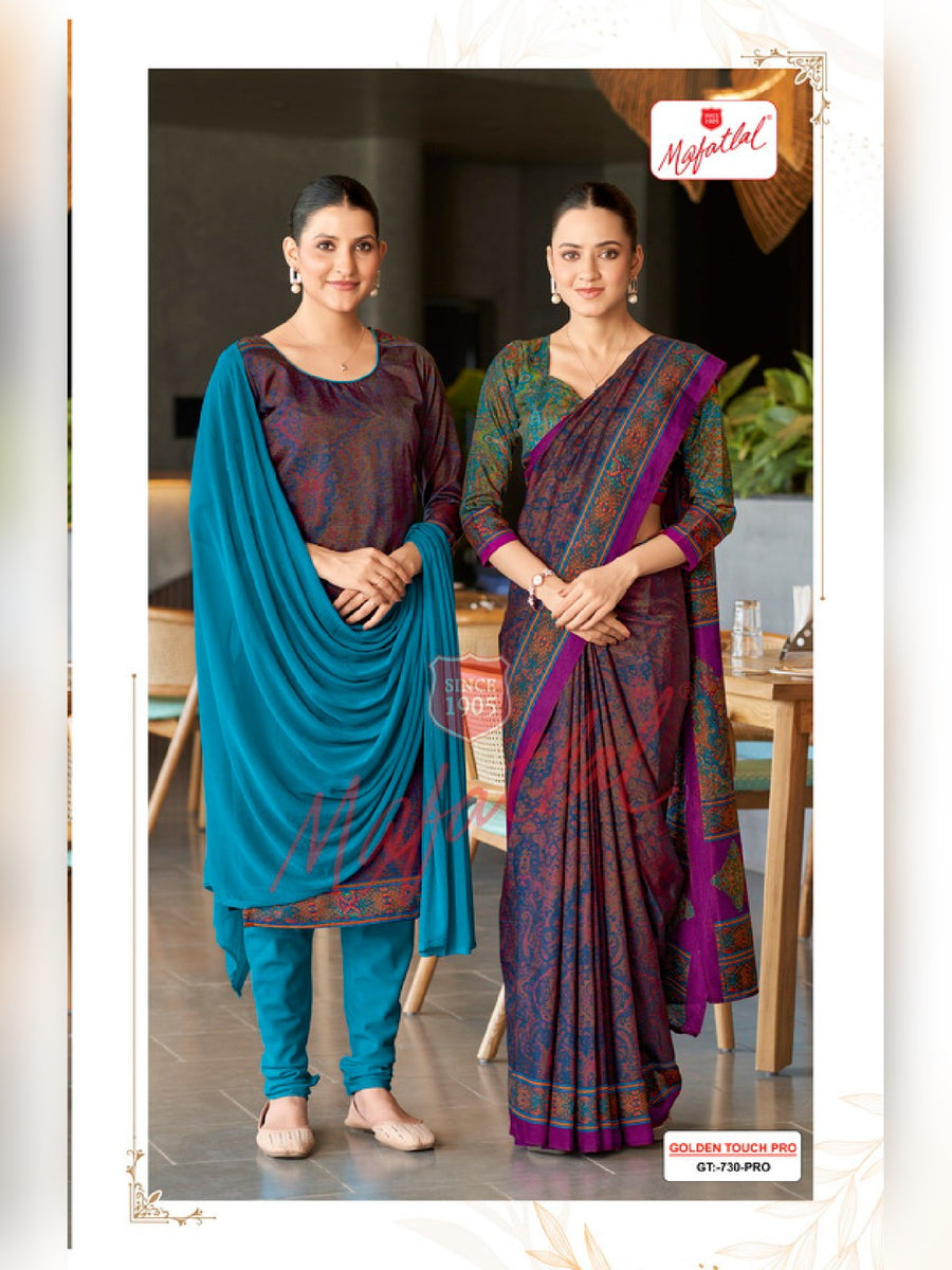Mafatlal Golden Touch Pro Uniform Saree & Suit – Wine & Teal Blue Paisley (GT PRO-730) - Front