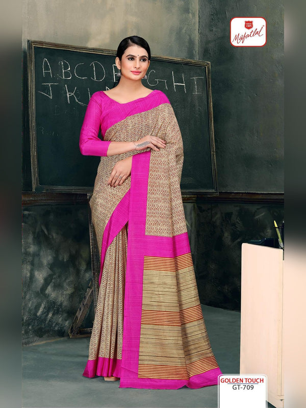 Mafatlal Golden Touch Uniform Saree - Beige & Rani Pink (GT-709)