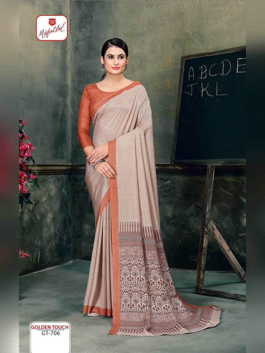 Mafatlal Golden Touch Uniform Saree – Beige & Rust (GT-706) - Front