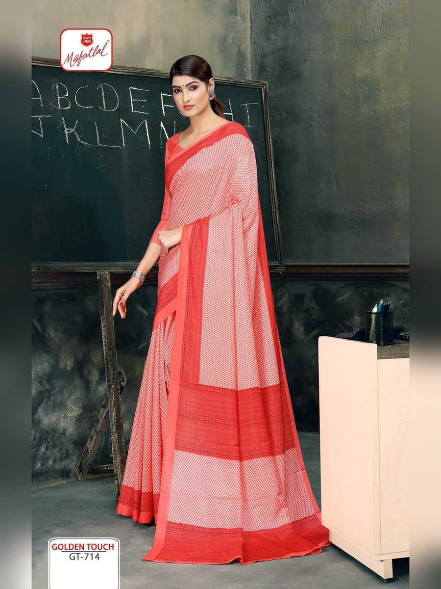 Mafatlal Golden Touch Uniform Saree – Coral Peach & Red (GT-714) - Front