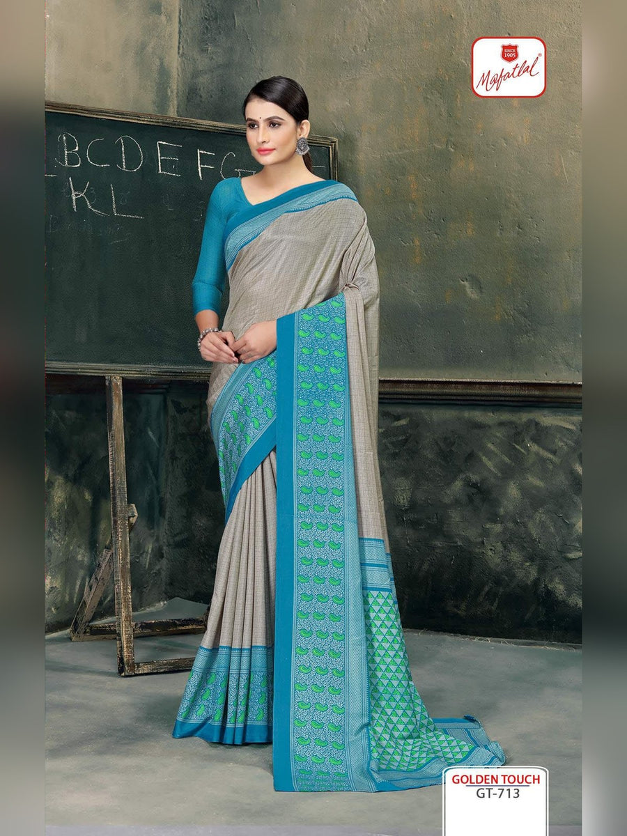 Mafatlal Golden Touch Uniform Saree – Grey & Teal (GT-713) - Front