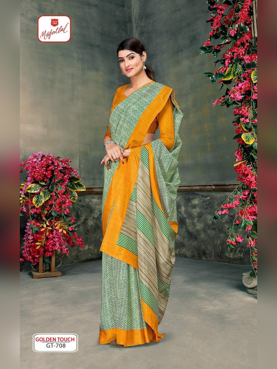 Mafatlal Golden Touch Uniform Saree – Mint Green & Mustard (GT-708) - Front