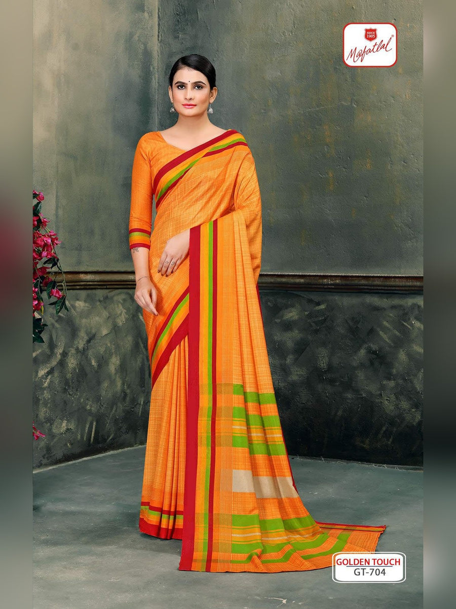 Mafatlal Golden Touch Uniform Saree – Orange & Red (GT-704) - Front