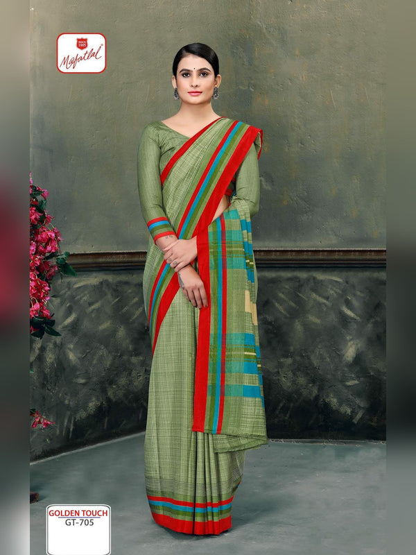 Mafatlal Golden Touch Uniform Saree - Pista Green & Red (GT-705)