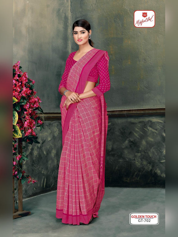 Mafatlal Golden Touch Uniform Saree - Rani Pink Check (GT-702)